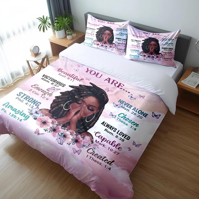 Kids Comforter Sets Queen Size, Prayer Girl and African American Girl Inspirational Quotes with Floral Butterfly, Teens Bedding Sets for Girls Women (Queen, Pink White) - LeafyLoom