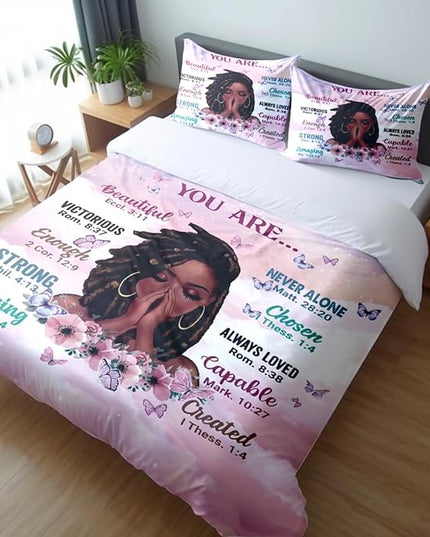 Twin Size Comforter Set with Powerful Quotes from Girls,3 Pieces Featuring African-American Girl - Ideal Gift Bedding for Teens and Women Pink White - LeafyLoom
