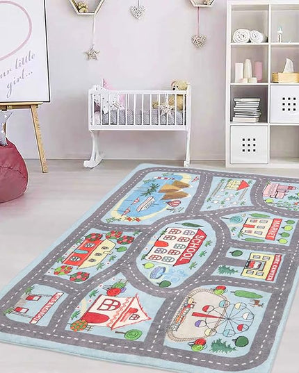 Playroom Rug Play Carpet 4’ x 6’, Blue Large Educational Children’s Play Mat, Learning & Have Fun Safely Non-Slip Washable Road Traffic Floor Area Carpet, Great for Kids Room Bedroom - LeafyLoom