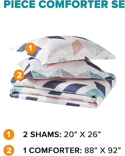 Comfort Spaces Kylar Cozy Comforter Set, Vibrant Chevron Ruching Design with Solid Reverse, All Season Down Alternative Bedding with Matching Sham, Full/Queen (88 in x 92 in), Multi/Blush 3 Piece - LeafyLoom