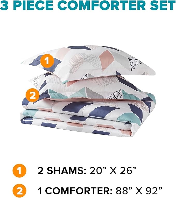 Comfort Spaces Kylar Cozy Comforter Set, Vibrant Chevron Ruching Design with Solid Reverse, All Season Down Alternative Bedding with Matching Sham, Full/Queen (88 in x 92 in), Multi/Blush 3 Piece - LeafyLoom