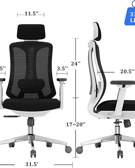 Ergonomic Mesh Office Chair, High Back Desk Chair with 3D Armrests, Adjustable Lumbar Cushion & Adjustable Headrest, Swivel Computer Task Chair with Tilt Function - LeafyLoom