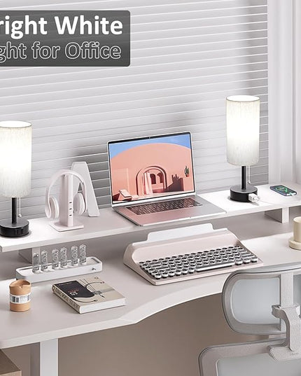 Bedside Table Lamps Set of 2 - 3 Color Temperatures Pull Chain Lamp with AC Outlet Charging Port, Two Round Night Stand Lamps for Bedroom Guest Room Office, Small Bed Side Light with E26 LED Bulbs - LeafyLoom