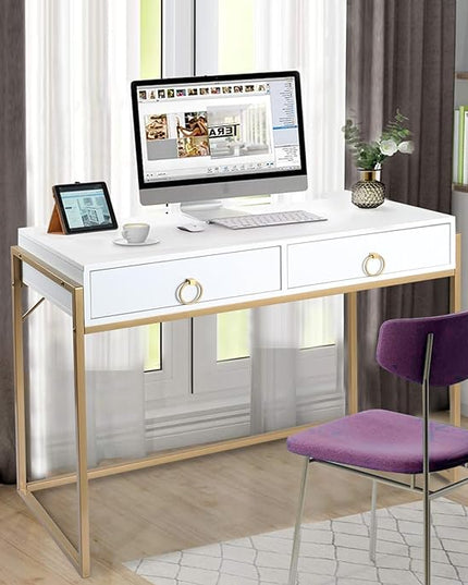 Anmytek Home Office Writing Desk 2 Drawers Storage, Contemporary Makeup Vanity Table Study Desk, W/Matte White and Gold Finish Frame D0003 - LeafyLoom