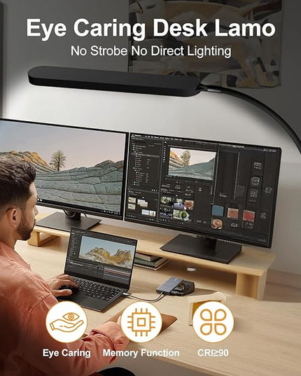 SKYLEO Desk Lamp for Office Home- 34" LED Desk Light - Touch Control - 5 Color Modes X 11 Brightness Levels - 1300ML(112 Pcs Lamp Beads) - Timmer & Memory Function - 12W Clip On Light - Black - LeafyLoom