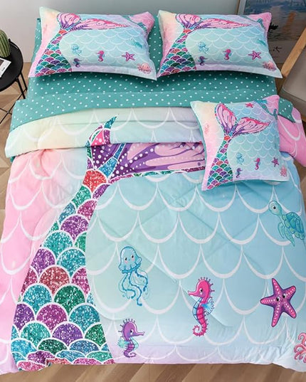 ADASMILE A & S 6 Pieces Mermaid Comforter Twin for Girls Kids Mermaid Bedding Fish Scale with Starfish Turtle Printed Bed in a Bag Comforter and Sheet Set Rainbow Mermaid Scale Bedding Home Decor - LeafyLoom
