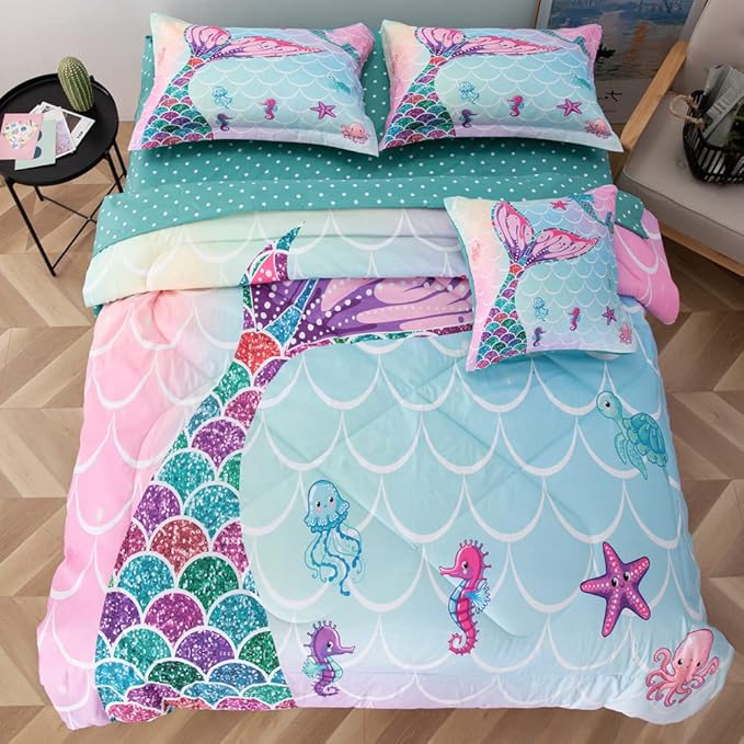 ADASMILE A & S 6 Pieces Mermaid Comforter Twin for Girls Kids Mermaid Bedding Fish Scale with Starfish Turtle Printed Bed in a Bag Comforter and Sheet Set Rainbow Mermaid Scale Bedding Home Decor - LeafyLoom