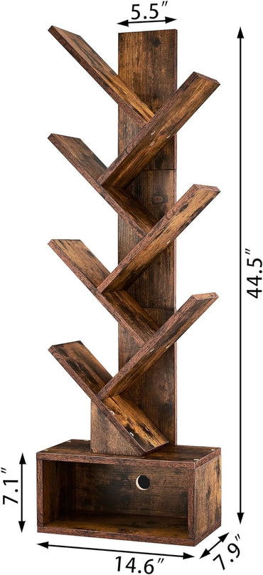 Hoctieon 6 Tier Tree Bookshelf, Tall Bookcase with Drawer, Freestanding Book Shelf, Display Floor Standing Storage Shelf, Book Organizer Shelves for Home Office, Rustic Brown - LeafyLoom