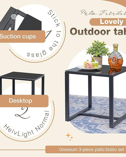 Greesum 3 Pieces Outdoor Furniture Set Patio Bistro Rocking Chairs with Glass Coffee Table for Pool Beach Backyard Balcony Porch Deck Garden, Black - LeafyLoom
