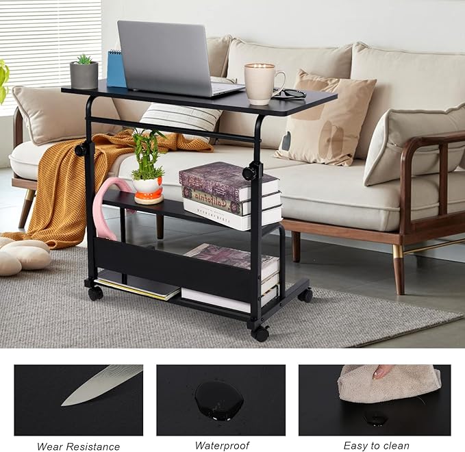 Portable Desk Small Desks for Small Spaces Laptop Table Black Rolling Adjustable Desk on Wheels Mobile Couch Desk for Bedroom Home Office Computer Standing Desk Student Desk with Storage 32x16 Inch - LeafyLoom