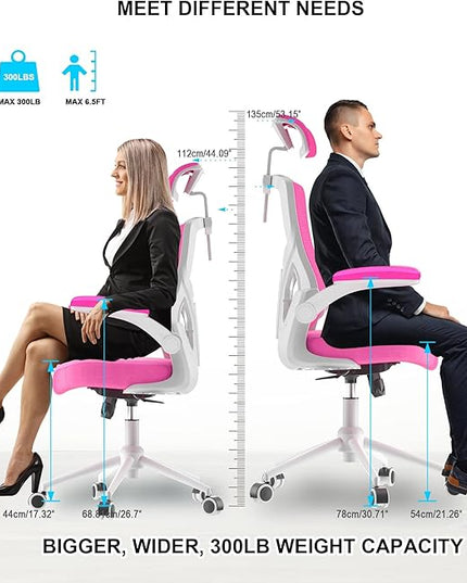 𝑯𝑶𝑴𝑬 𝑶𝑭𝑭𝑰𝑪𝑬 𝑪𝑯𝑨𝑰𝑹, Ergonomic Mesh Desk Chair, High Back Computer Chair- Adjustable Headrest with Flip-Up Arms, Lumbar Support, Swivel Executive Task Chair (Modern, Neon Pink) - LeafyLoom