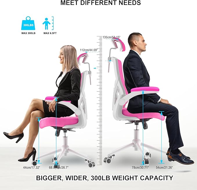 𝑯𝑶𝑴𝑬 𝑶𝑭𝑭𝑰𝑪𝑬 𝑪𝑯𝑨𝑰𝑹, Ergonomic Mesh Desk Chair, High Back Computer Chair- Adjustable Headrest with Flip-Up Arms, Lumbar Support, Swivel Executive Task Chair (Modern, Neon Pink) - LeafyLoom