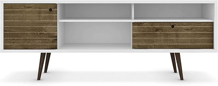 Manhattan Comfort Liberty Mid Century Modern TV Stand for Televisions up to 65 Inches, Bedroom and Living Room Entertainment Center with Storage, Shelves, and Cabinet, 71" Wide, White/Rustic Brown - LeafyLoom