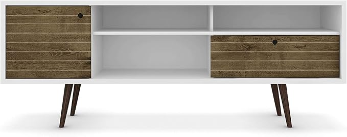 Manhattan Comfort Liberty Mid Century Modern TV Stand for Televisions up to 65 Inches, Bedroom and Living Room Entertainment Center with Storage, Shelves, and Cabinet, 71" Wide, White/Rustic Brown - LeafyLoom