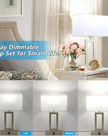 Table Lamp Set of 2 Lamps for Bedroom, Touch Control Table Lamps with 2 USB Ports, 3-Way Dimmable Bedside Nightstand Lamps, Silver&White Lamp for End Table Living Room Modern - LeafyLoom