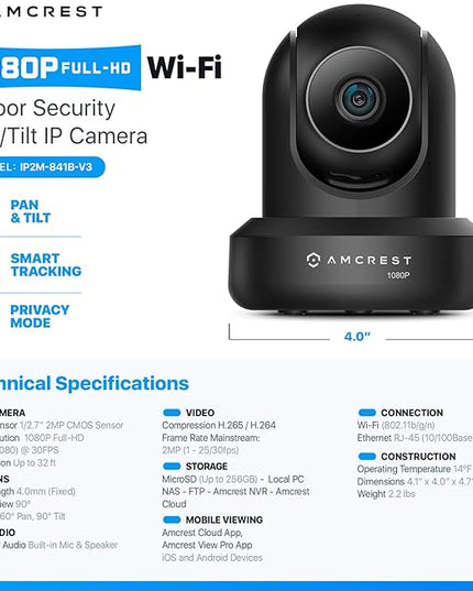 Amcrest ProHD 1080P WiFi 2MP (1920TVL) Indoor Pan/Tilt Security Wireless IP Camera IP2M-841B (Black) Amcrest