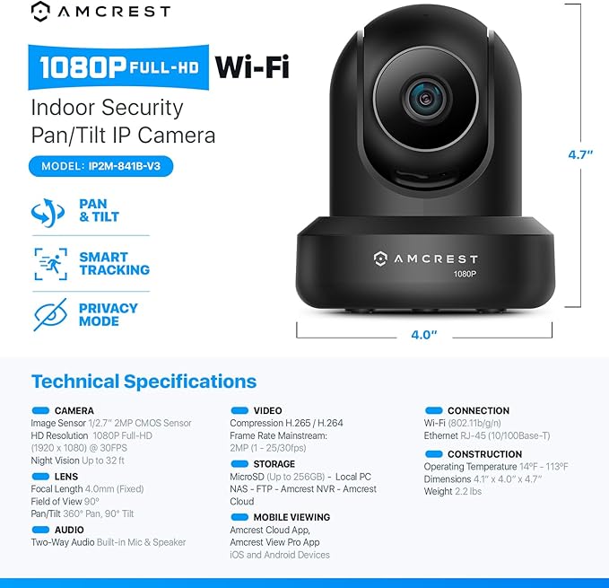 Amcrest ProHD 1080P WiFi 2MP (1920TVL) Indoor Pan/Tilt Security Wireless IP Camera IP2M-841B (Black) Amcrest