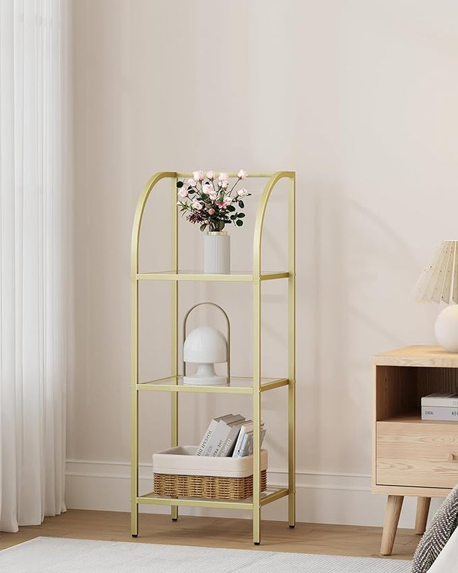 Bookcase Bookshelf, Tempered Glass Arched Bookshelf for More Storage, Slim Shelving Unit for Bedroom, Bathroom, Home Office, Steel Frame, 3 Tier Gold BC20399G - LeafyLoom