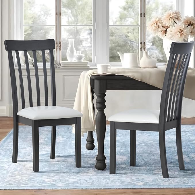COLAMY Wooden Dining Chairs Set of 2, PU Leather Dining Room Kitchen Side Chair with Spindle High Back and Adjustable Foot Pegs - Grey - LeafyLoom