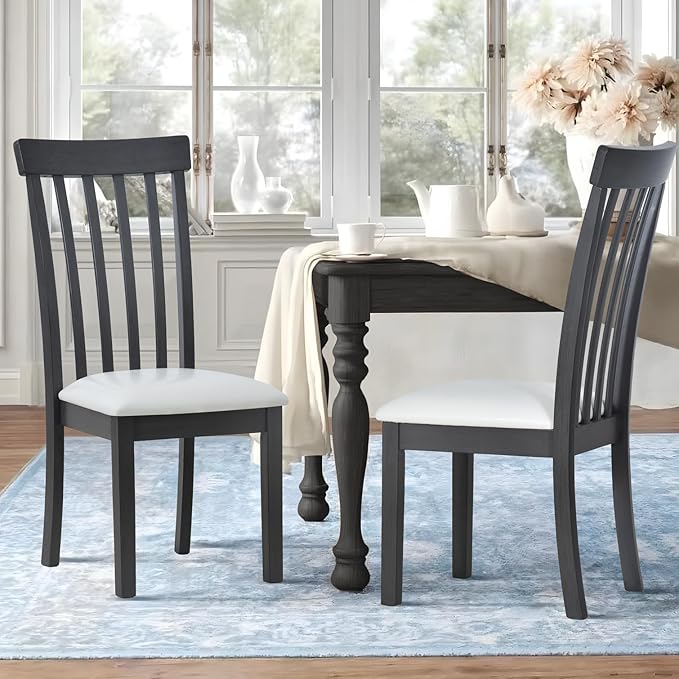 COLAMY Wooden Dining Chairs Set of 2, PU Leather Dining Room Kitchen Side Chair with Spindle High Back and Adjustable Foot Pegs - Grey - LeafyLoom