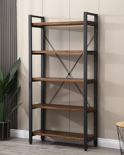 5 Tier Bookcase, Solid Rustic Industrial Etagere Bookcase, Metal and Wood Free Vintage Bookshelf, Retro Brown (Real Wood) (5-Tier) - LeafyLoom