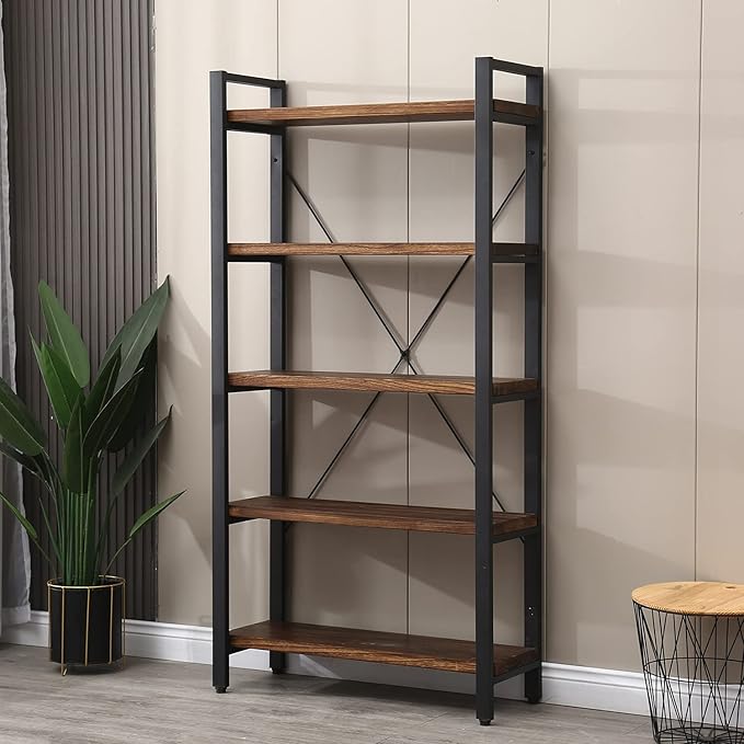 5 Tier Bookcase, Solid Rustic Industrial Etagere Bookcase, Metal and Wood Free Vintage Bookshelf, Retro Brown (Real Wood) (5-Tier) - LeafyLoom