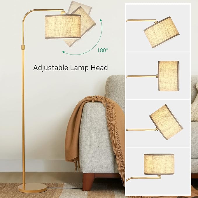 EDISHINE Arc Floor Lamp for Living Room, Modern Standing Lamp with Adjustable Drum Shade, Gold Reading Lamp Corner Light with Foot Switch for Bedroom, Office, Kids Room - LeafyLoom