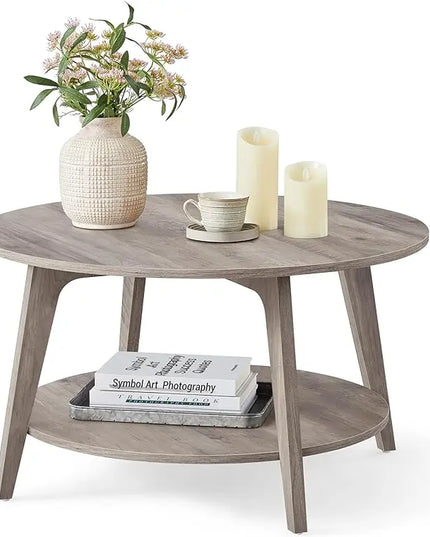 VASAGLE Round Coffee Table, 2 Tier Coffee Table with Storage, for Living Room, 31.5 x 17.7 Inches, Easy to Assemble, Heather Greige ULCT243K02 - LeafyLoom