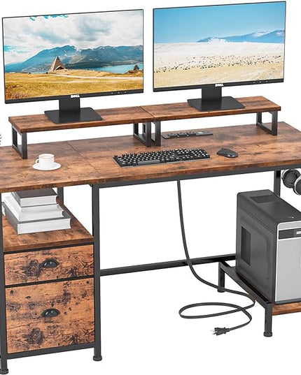 Furologee Computer Desk with Drawer and Power Outlets, 47" Office Desk with 2 Monitor Stands and Fabric File Cabinet, Writing Gaming Table with Shelves and 2 Hooks for Home Office, Rustic Brown - LeafyLoom