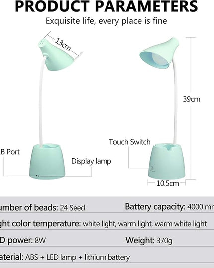 Small Desk Lamp, Kids Desk Lamp with Pen Holder & Mobile Phone Stand, 3 Lighting Modes for Reading Kids Dorm& Mobile Phone Stand for Reading Dorm Home Office(Green) - LeafyLoom