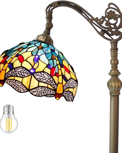 WERFACTORY Tiffany Floor Lamp Sea Blue Yellow Stained Glass Dragonfly Arch Lamp 12X18X64 Inch Gooseneck Adjustable Corner Stand Reading Light Decor Bedroom Living Room S128 Series - LeafyLoom