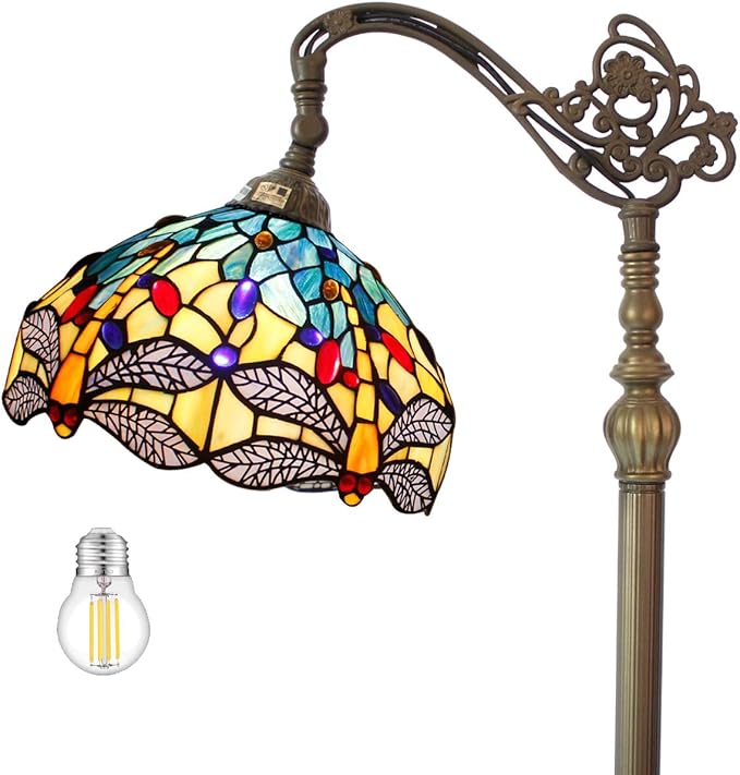 WERFACTORY Tiffany Floor Lamp Sea Blue Yellow Stained Glass Dragonfly Arch Lamp 12X18X64 Inch Gooseneck Adjustable Corner Stand Reading Light Decor Bedroom Living Room S128 Series - LeafyLoom