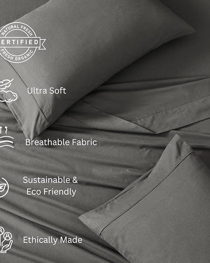 LANE LINEN 100% Organic Cotton Sheets King Size - 4Pc King Sheet Set, Soft Sheets for King Size Sheets, Percale Weave, Hotel Luxury Bed Sheets, 15" King Sheets Deep Pocket, Oeko Tex Sheets - Charcoal - LeafyLoom