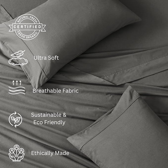LANE LINEN 100% Organic Cotton Sheets Set, 3Pc Bed Sheets Twin Size, Classic Percale Weave, Breathable Twin Cotton Sheet Set, 15" Twin Deep Pocket Sheet Sets, Oeko-Tex Sheets - Charcoal - LeafyLoom