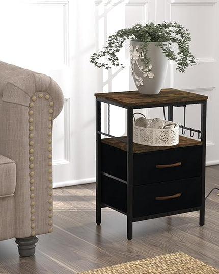 Nightstand with Charging Station, Side Table with Fabric Drawers and Open Shelf, Night Stand for Bedroom Decor, Bedside Table with USB Ports & Outlets (Rustic Brown,1) - LeafyLoom