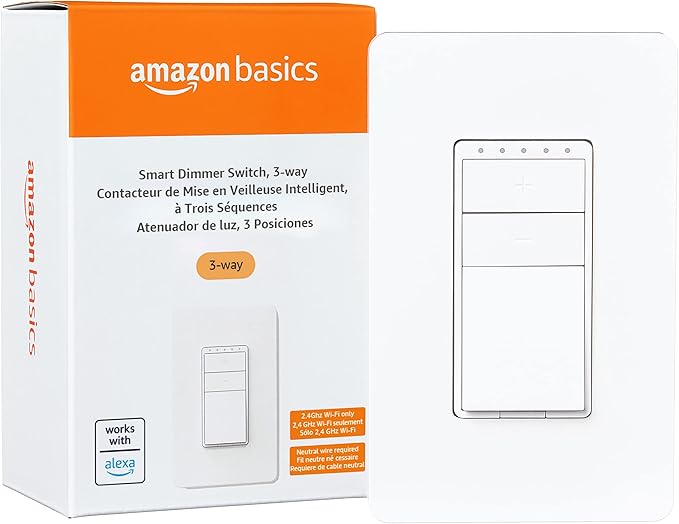 Amazon Basics Smart Dimmer Switch, 3-Way, Works with Alexa Only, 2.4 GHz Wi-Fi, No Hub Required, White AmazonBasics