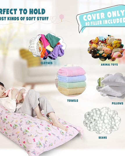 Stuffed Animal Storage Bean Bag Chair Cover, Cotton Pink Unicorn Rainbow Plush Toy Storage Stuff and Sit Seat for Kids/Teens/Adults, 52" x 31" Extra Large Triangle Sofa, 200L/52Gal, Cover Only - LeafyLoom