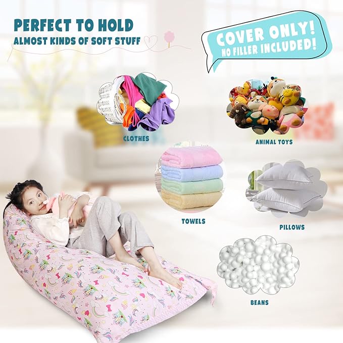 Stuffed Animal Storage Bean Bag Chair Cover, Cotton Pink Unicorn Rainbow Plush Toy Storage Stuff and Sit Seat for Kids/Teens/Adults, 52" x 31" Extra Large Triangle Sofa, 200L/52Gal, Cover Only - LeafyLoom