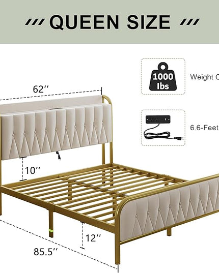 Feonase Queen Bed Frame with Type-C & USB Port, Metal Platform Beds, with Velvet Upholstered Headboard & Footboard, 12" Underbed Storage Space, Easy Assembly, Noise-Free, Gold&Beige - LeafyLoom