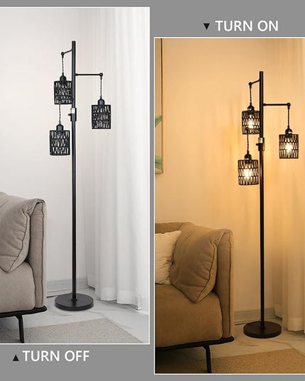 Rattan Floor Lamp, 3-Lights Boho Floor Lamp with Stepless Dimmer, 65" Farmhouse Rustic Floor Lamps for Living Room, Tall Floor Lamp with Rattan Shades, Dimmable Standing Lamp for Bedroom Black - LeafyLoom