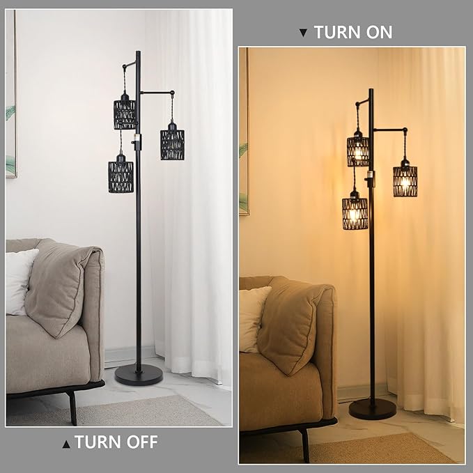 Rattan Floor Lamp, 3-Lights Boho Floor Lamp with Stepless Dimmer, 65" Farmhouse Rustic Floor Lamps for Living Room, Tall Floor Lamp with Rattan Shades, Dimmable Standing Lamp for Bedroom Black - LeafyLoom