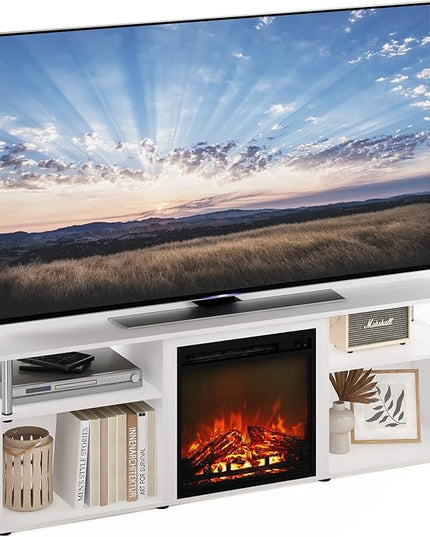 Furinno Jensen Open Storage Fireplace Entertainment Center for TV up to 70 Inch with Stainless Steel Tubes, White Oak/Chrome - LeafyLoom