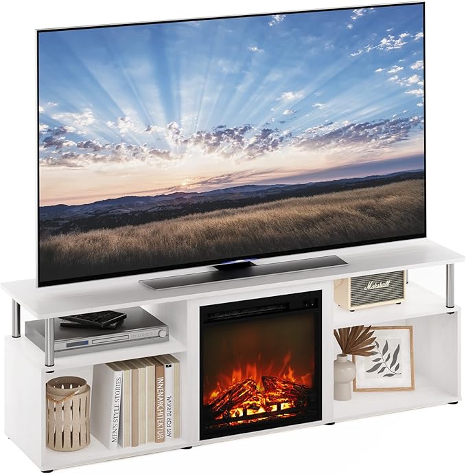 Furinno Jensen Open Storage Fireplace Entertainment Center for TV up to 70 Inch with Stainless Steel Tubes, White Oak/Chrome - LeafyLoom