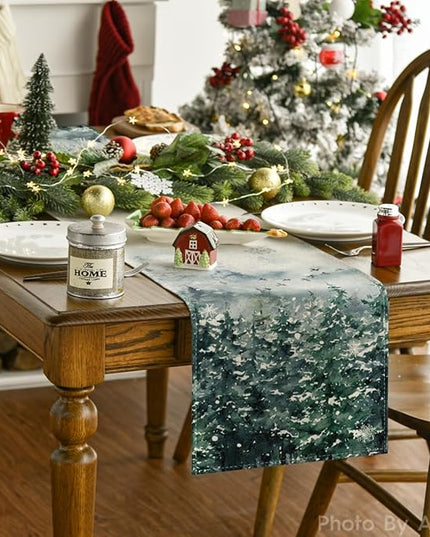 Artoid Mode Green Tree Snow Christmas Table Runner, Seasonal Winter Holiday Kitchen Dining Table Decoration for Home Party Decor 13x60 Inch ArtoidMode