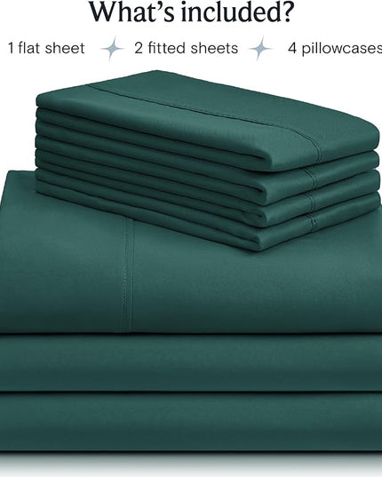 LuxClub 7 PC Split King Sheet Set, Breathable Luxury Bed Sheets, Deep Pockets 18" Eco Friendly Wrinkle Free Cooling Sheets Machine Washable Hotel Bedding Silky Soft - Emerald Split King - LeafyLoom