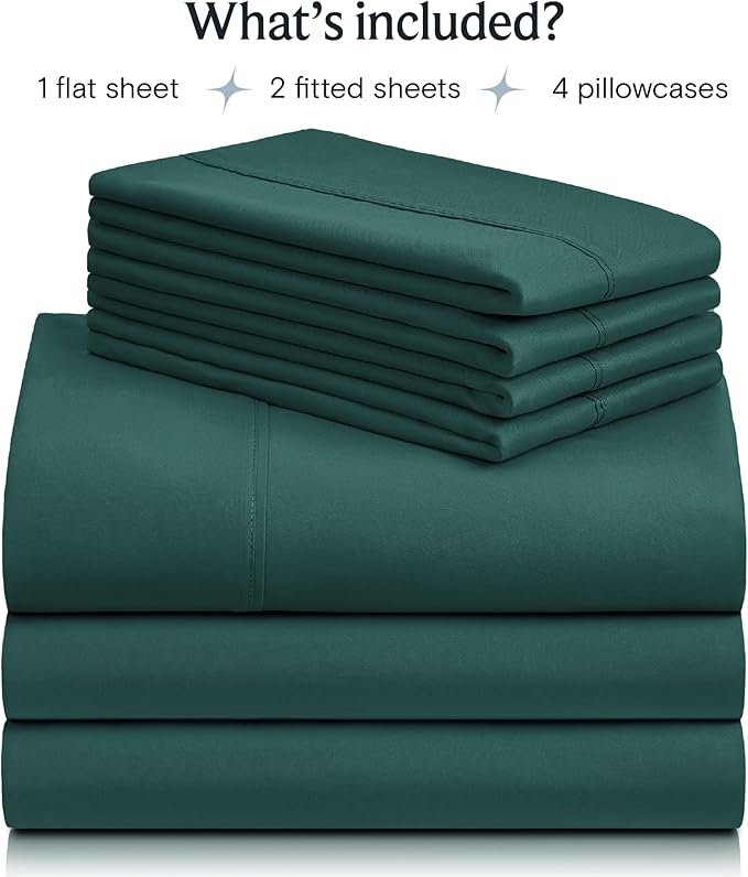 LuxClub 7 PC Split King Sheet Set, Breathable Luxury Bed Sheets, Deep Pockets 18" Eco Friendly Wrinkle Free Cooling Sheets Machine Washable Hotel Bedding Silky Soft - Emerald Split King - LeafyLoom