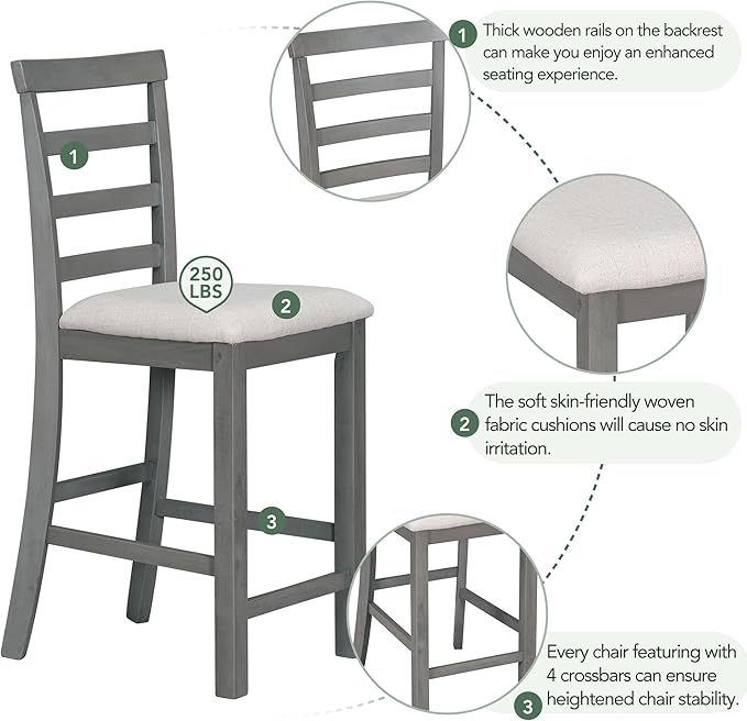 NicBex Small Kitchen Table Set for 4 Bar Table and Chairs Set 5-Piece Multi-Functional Rubber Wood Counter Height Dining Set with Padded Chairs for Dining Room, Gray - LeafyLoom
