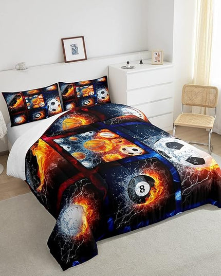 Sports Comforter Sets For Boys Twin,Teen Basketball Baseball Football Bedding Comforter Set For Men Volleyball Soccer Hockey Quilt Comforter,Red Blue Water And Fire Lightning Bed Duvet 1 Pillow Case - LeafyLoom