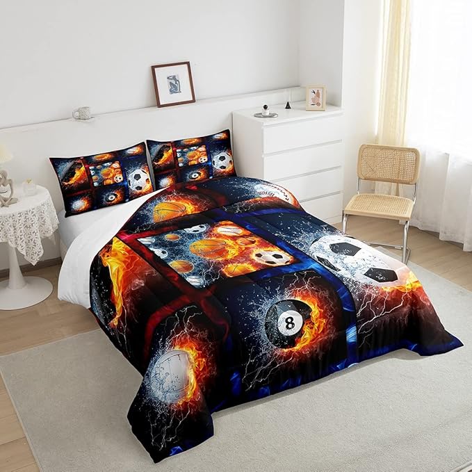 Sports Comforter Sets For Boys Twin,Teen Basketball Baseball Football Bedding Comforter Set For Men Volleyball Soccer Hockey Quilt Comforter,Red Blue Water And Fire Lightning Bed Duvet 1 Pillow Case - LeafyLoom