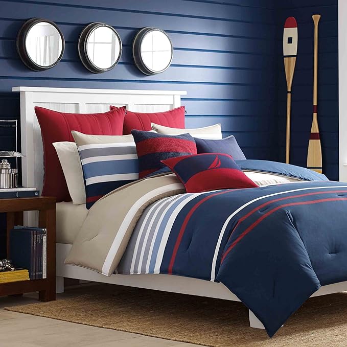 Nautica - King Size Comforter Set, Cotton Reversible Bedding with Matching Shams, Stylish Home Decor (Bradford Navy/Kahki, King) - LeafyLoom